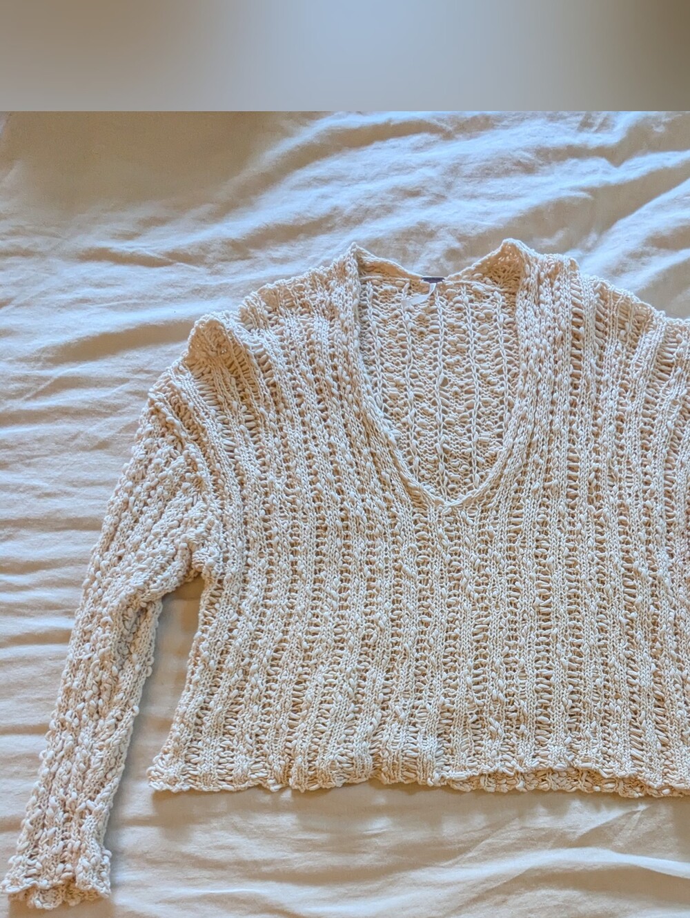 Free People Crochet Cream Knit V-Neck Cotton Sweater Size Medium